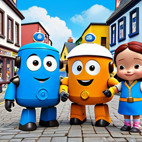Home 15 ** Robocar Poli characters (Poli, Roy, Amber, Helly) as friendly, non-exaggerated figures in Broomstown, a realistically depicted town with roads, buildings, and weather details, emphasizing a sense of community and safety.
**