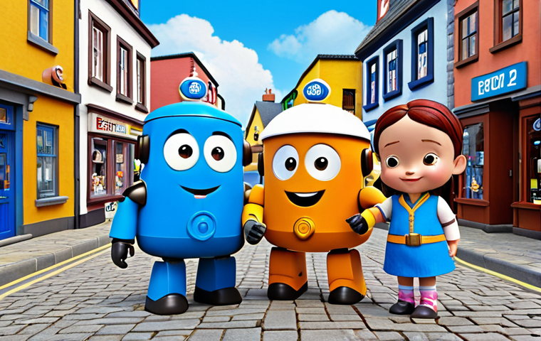 ** Robocar Poli characters (Poli, Roy, Amber, Helly) as friendly, non-exaggerated figures in Broomstown, a realistically depicted town with roads, buildings, and weather details, emphasizing a sense of community and safety.
**