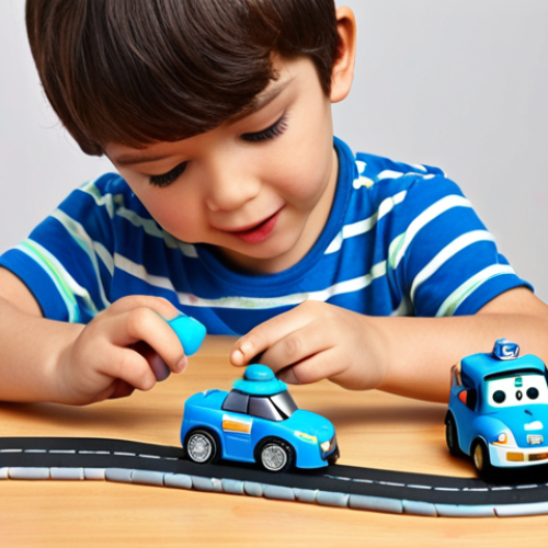Home 14 A child playing with Robocar Poli toys, creating a road with playdough, engaging in imaginative play.
