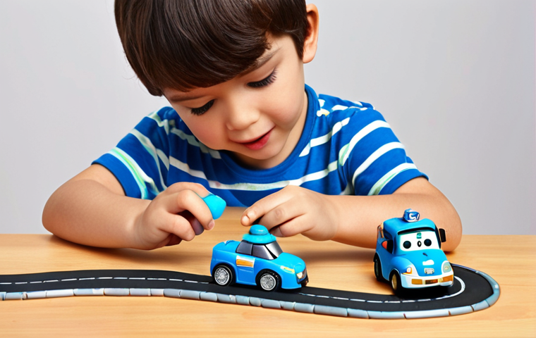 A child playing with Robocar Poli toys, creating a road with playdough, engaging in imaginative play.