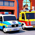 **

"A vibrant and cheerful scene featuring Poli, Roy, Amber, and Helly, the main characters of Robocar Poli, in their vehicle forms (police car, fire truck, ambulance, helicopter respectively), set against the backdrop of Broomstown. The style should be reminiscent of a children's cartoon, emphasizing their friendly and helpful nature. Bright colors and dynamic poses are encouraged."

**