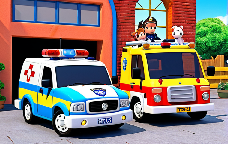 **
"A vibrant and cheerful scene featuring Poli, Roy, Amber, and Helly, the main characters of Robocar Poli, in their vehicle forms (police car, fire truck, ambulance, helicopter respectively), set against the backdrop of Broomstown. The style should be reminiscent of a children's cartoon, emphasizing their friendly and helpful nature. Bright colors and dynamic poses are encouraged."
**